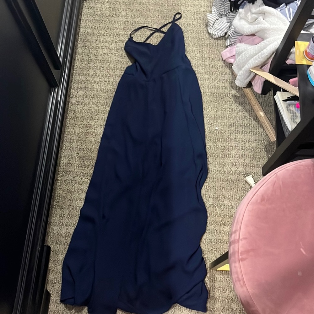 Navy blue. Long dress. Zig zag cross back. Was made to be a bridesmaid dress